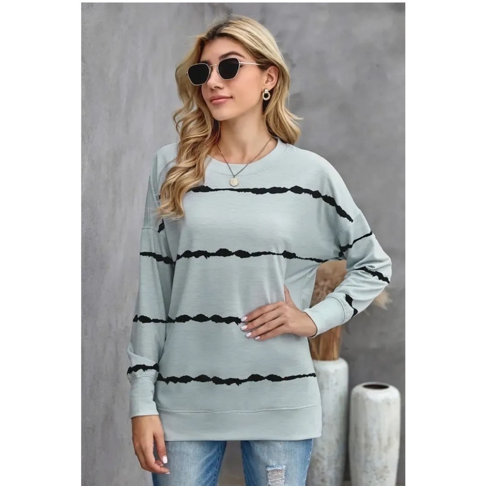 Long Sleeve Crewneck Sweatshirt Striped Printed Pullover, Blue - Picture 3 of 6